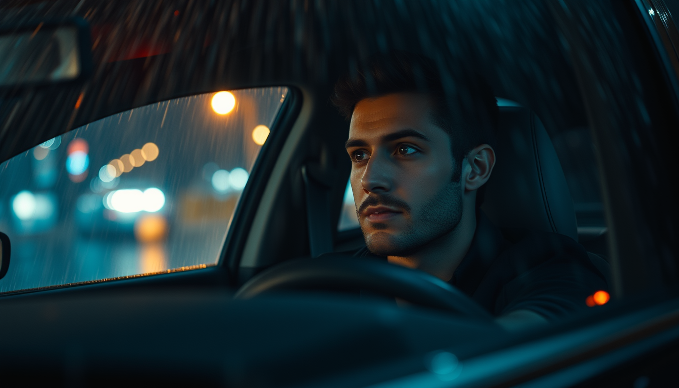 Young handsome man driving a car, midnight, rain, photo, hyperrealism, cinematic effect.