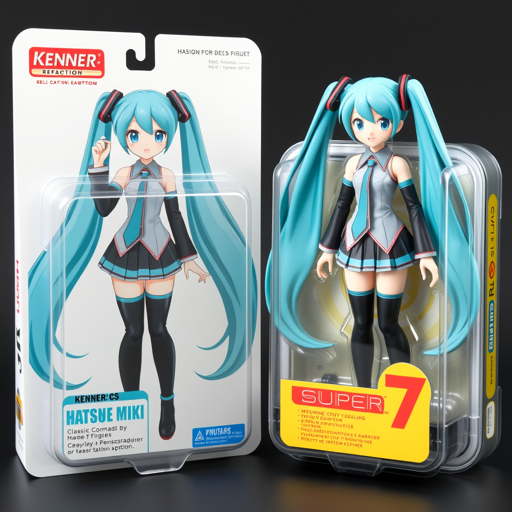 Design a Hatsune Miku action figure toy, with twintails. Also with the classic packaging made by Kenner company or Super 7 Reaction packaging. - Image