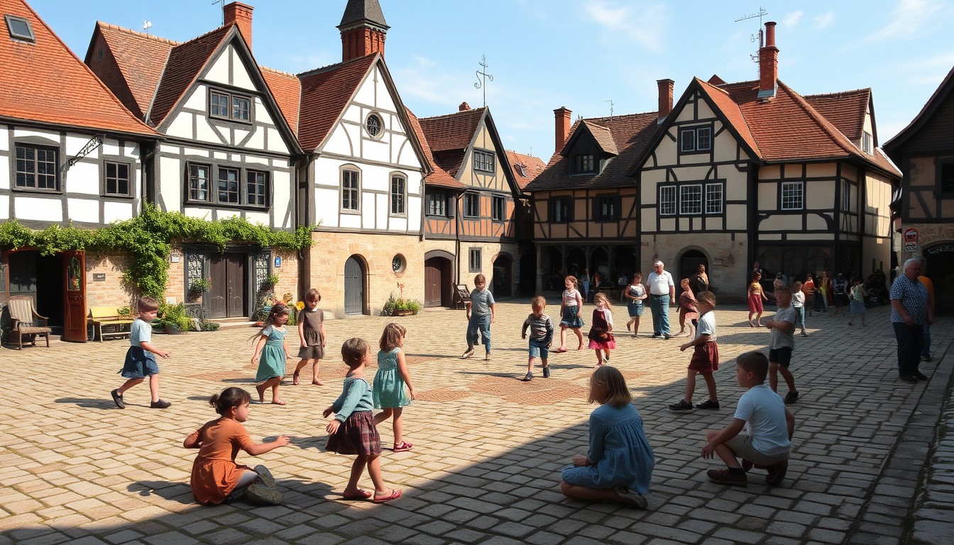 In the Middle Ages, children played and frolicked in the village's central square, engaging in various traditional games. - Image