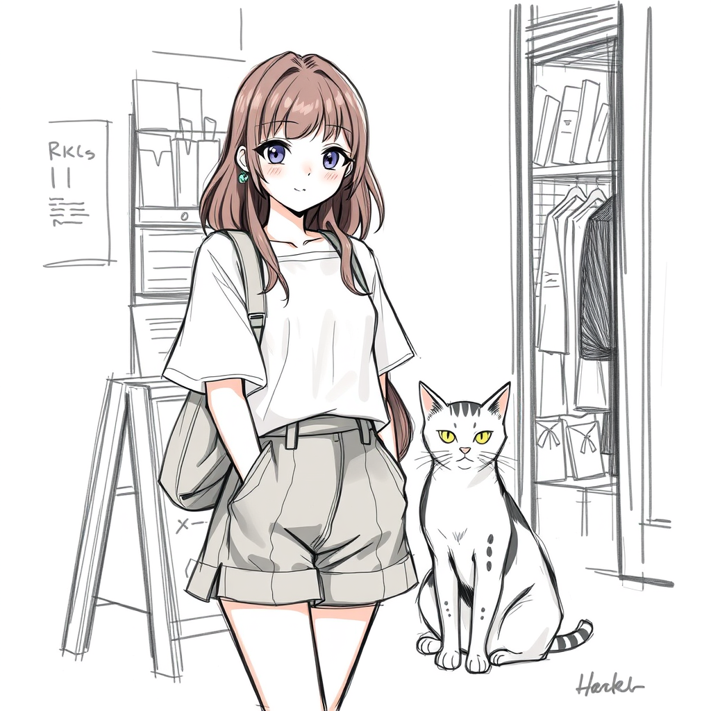 young women, nice outfit, short skirt, short pants, whole, front face, with a cat sitting beside, background is a store, portrait sketches, [NAME] --sref 1337752005 - Image