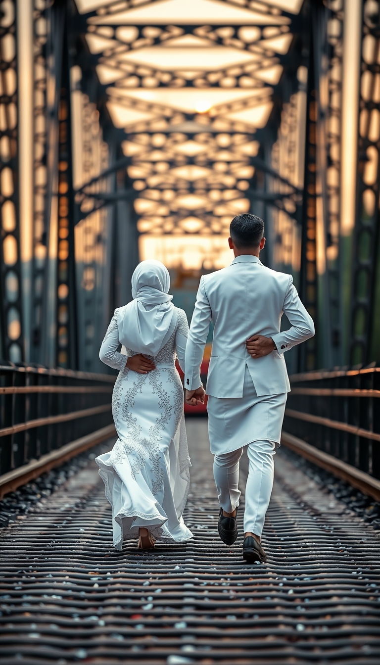 A captivating and surreal photograph of a couple adorned in traditional Malay white wedding attire. The bride dons a stunning "pengantin" outfit, while the groom stands tall and confident. They are seen racing towards a mysterious and ominous black metal bridge. The bridge symbolizes their passage into a new chapter of their lives together. The dramatic scene is further intensified by a bokeh background and the TRAIN IS COMING. This image masterfully blends love, adventure, and suspense, creating a unique fusion of emotions. TRAIN ON BACKGROUND, GOLDEN HOUR. - Image