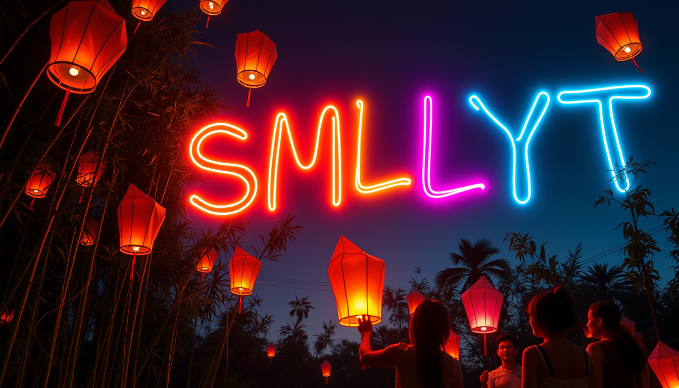 Neon art style: At dusk, a group releases traditional Vietnamese lanterns in a bamboo grove. The lanterns' light trails intertwine to form "SMLYT" in the sky. The letters are rendered in vibrant neon colors, each one a different hue. They appear to be made of glowing tubes bent into complex shapes, with electrical currents visibly pulsing through them. The neon letters reflect off the lanterns and the characters' faces, creating a dazzling light show.