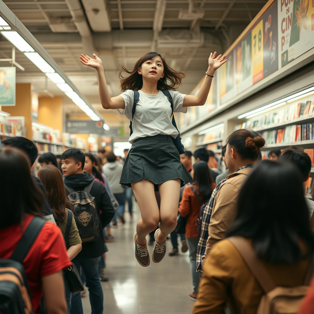 In the bookstore, there are many people, and among them, a Japanese female student in a short skirt flew up into the air. Her skin was very pale, and the people around were very surprised. - Image