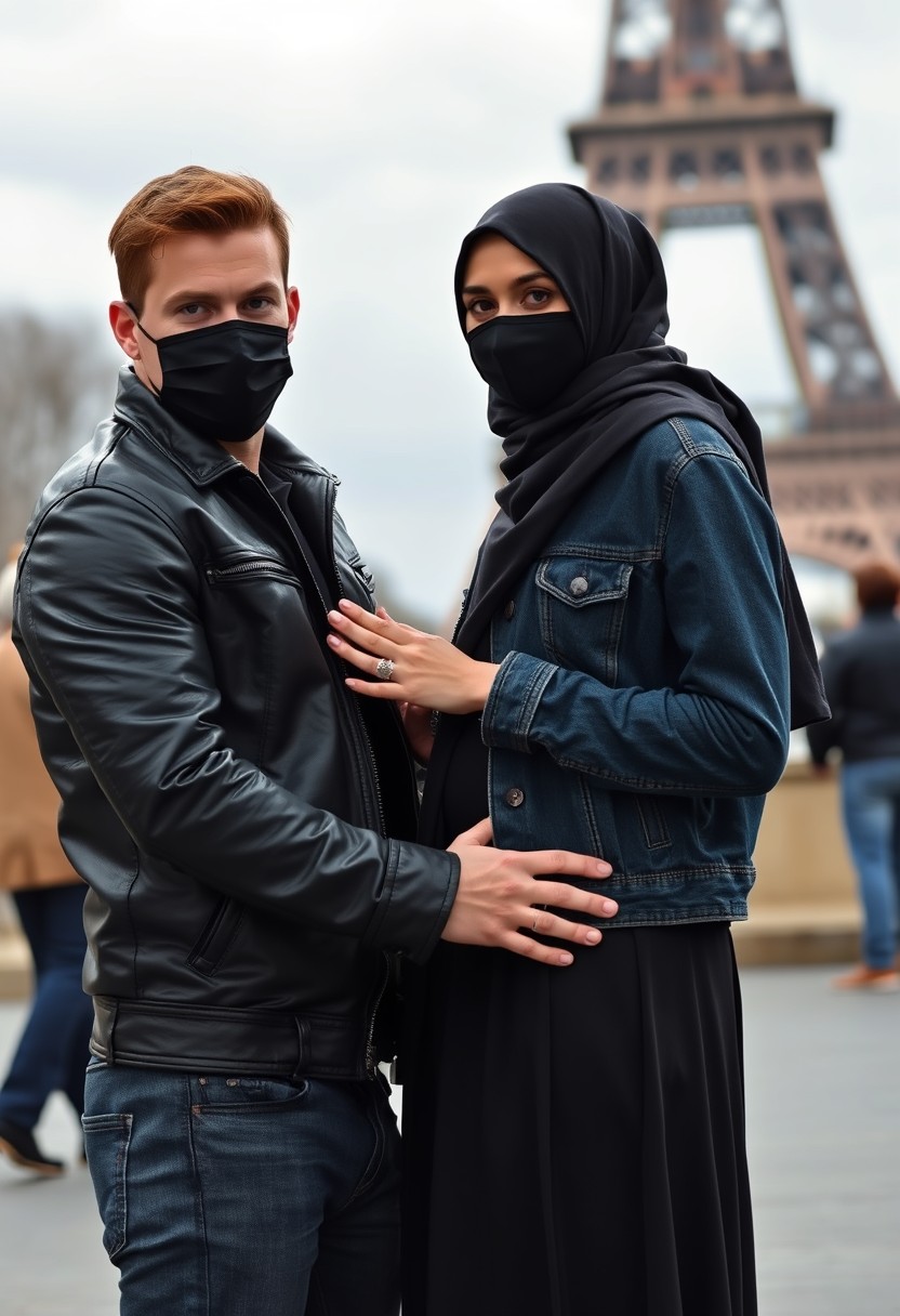 Jamie Dornan, handsome, black face mask, black leather jacket, jeans, dating, love couple with the biggest hijab Muslim girl, beautiful eyes, black face mask, jeans jacket, biggest skirt, wedding rings, Eiffel Tower, realistic, street photography. - Image