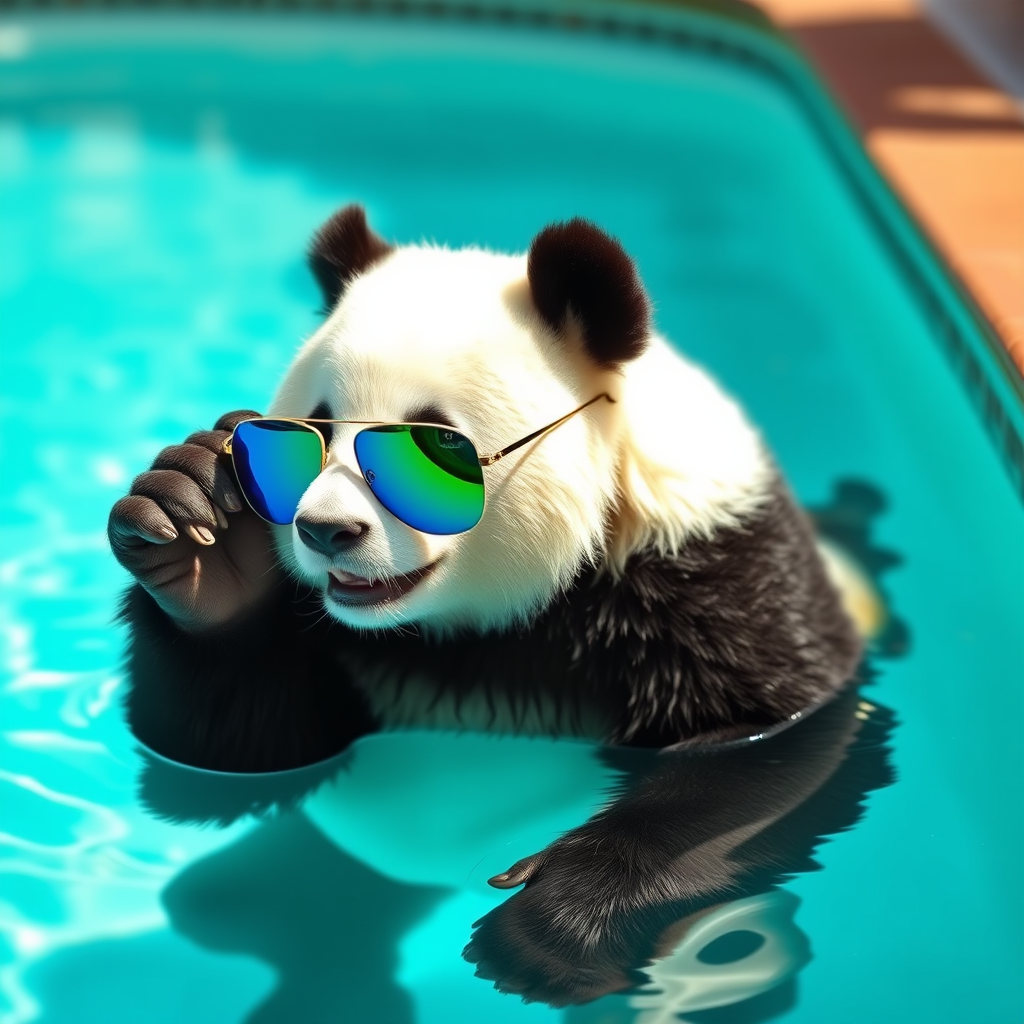 A panda with sunglasses looking cool inside a pool.