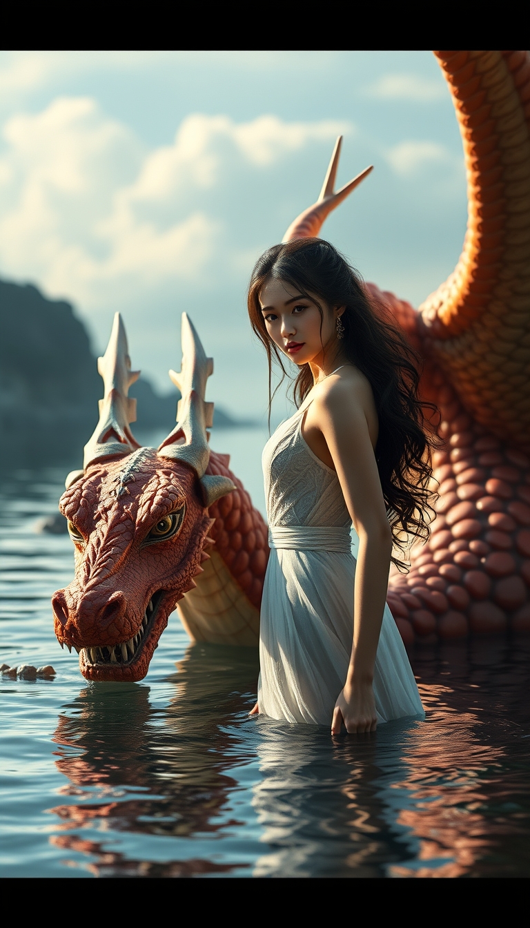 A gorgeous young woman is standing in the water next to a dragon, in the style of fantasy scenes, realistic detail, Theo Prins, Magewave, Ferrania P30, Evgeni Gordiets, Kuang Hong, 8K sharp focus, photorealism, highly detailed.