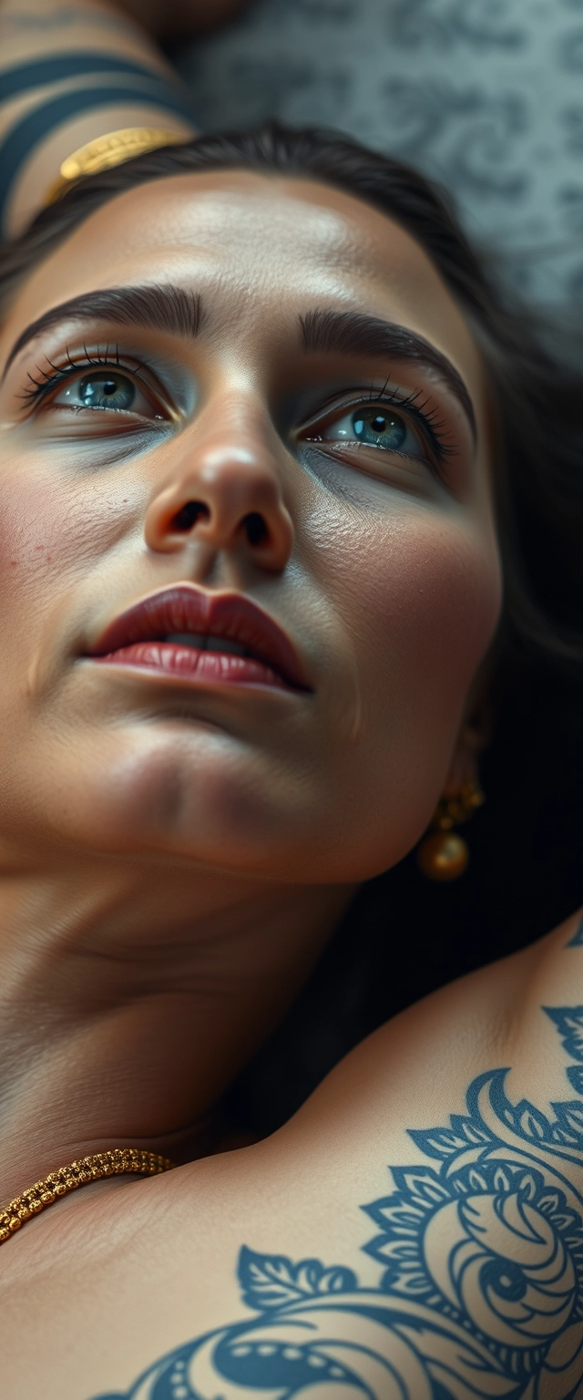 Close-up shot of the tattooed body of a white-skinned Indian-Korean woman with beautiful facial features and jawline, and blue eyes, wearing gold ornaments, looking upwards while lying down on her side.