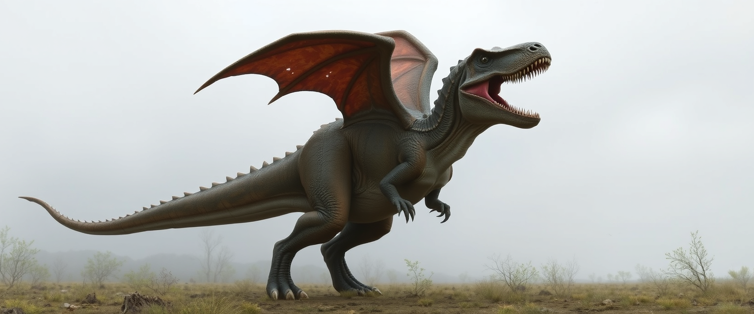 An accurate depiction of a tyrannosaurus rex that grew a pair of dragon wings on its back.