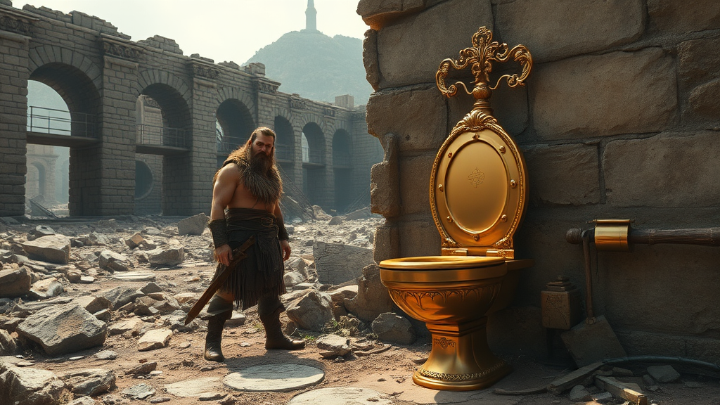 In the post-apocalyptic ruins, there is a flush toilet made of gold, and a barbarian is standing next to it.