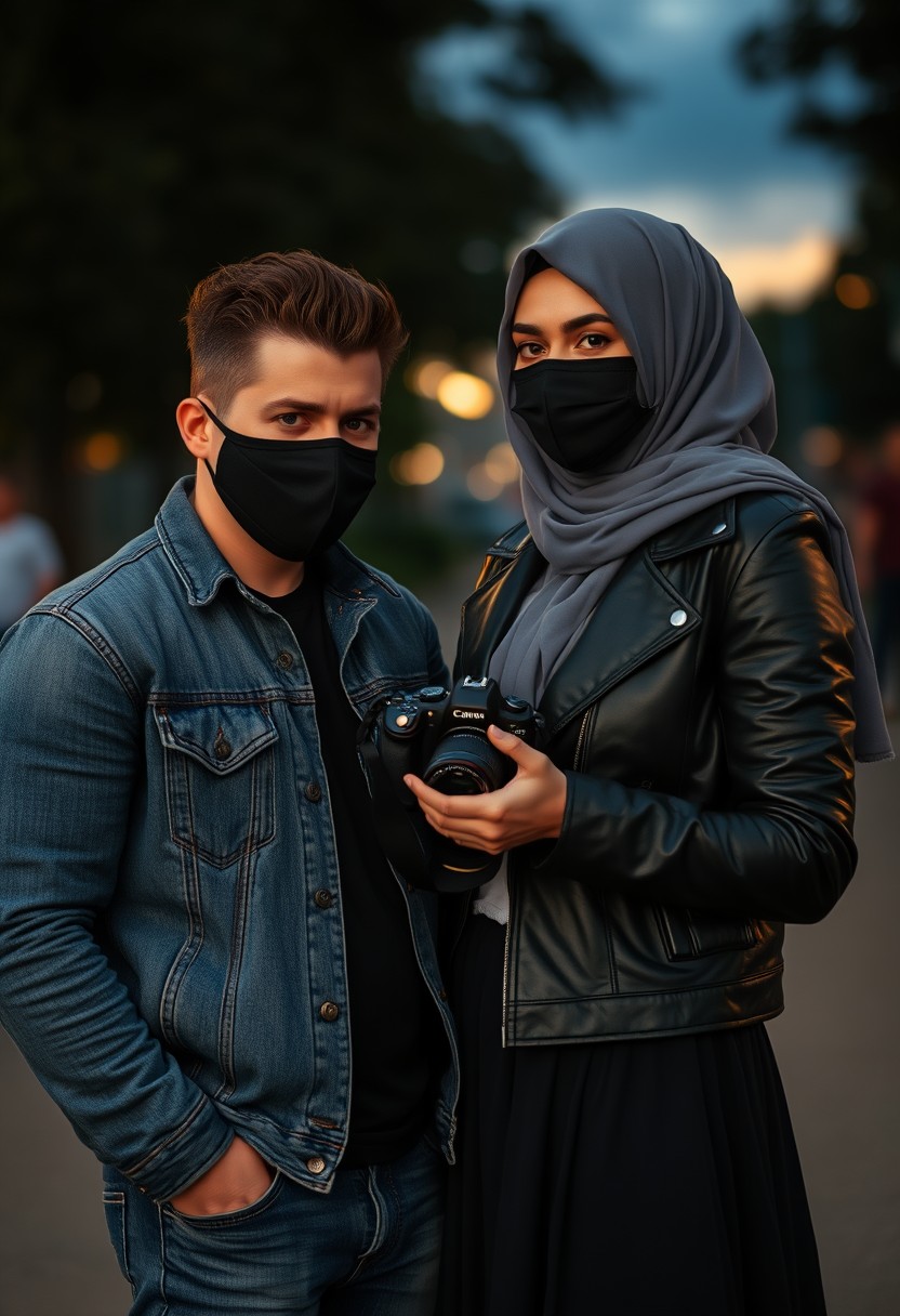 Jamie Dornan's head and body shot, handsome, black face mask, denim jacket, jeans, dating, love couple, with the biggest grey hijab Muslim girl, black face mask, beautiful eyes, black leather jacket, biggest skirt, taking picture, DSLR Canon camera, sunset, hyper-realistic, street photography.