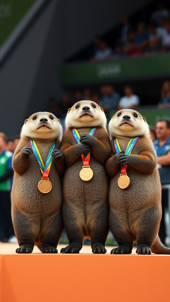 3 otters receive medal at awards ceremony in Olympic. - Image