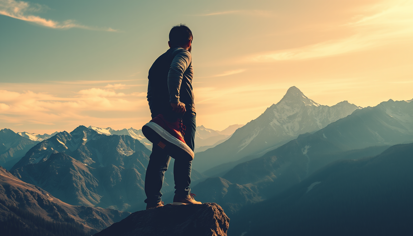 A thumbnail of a man standing behind a mountain holding a shoe, graphic design, colorism.