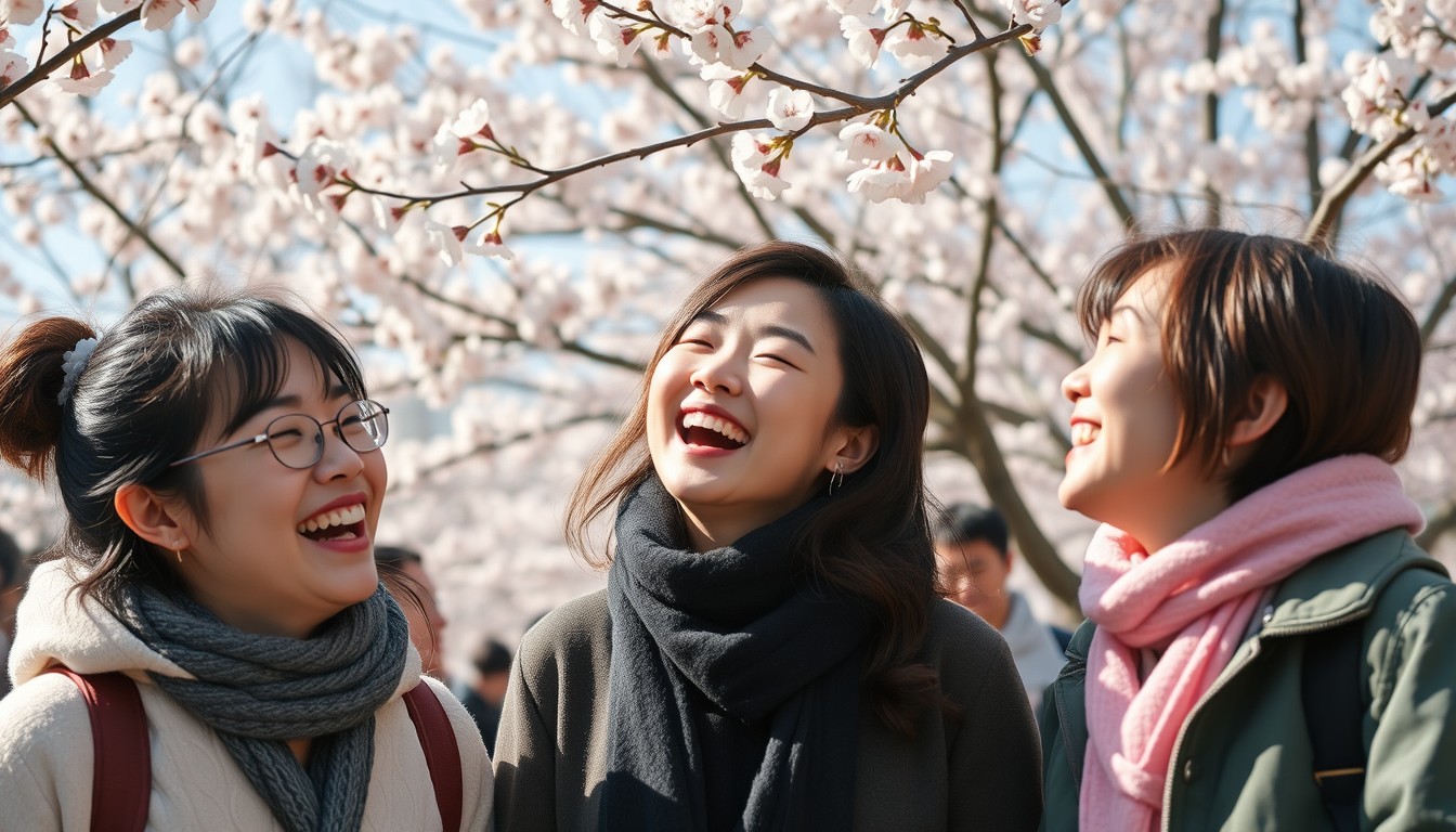 Joyful moments of a Korean woman laughing with friends under cherry blossoms at a Korean spring festival.