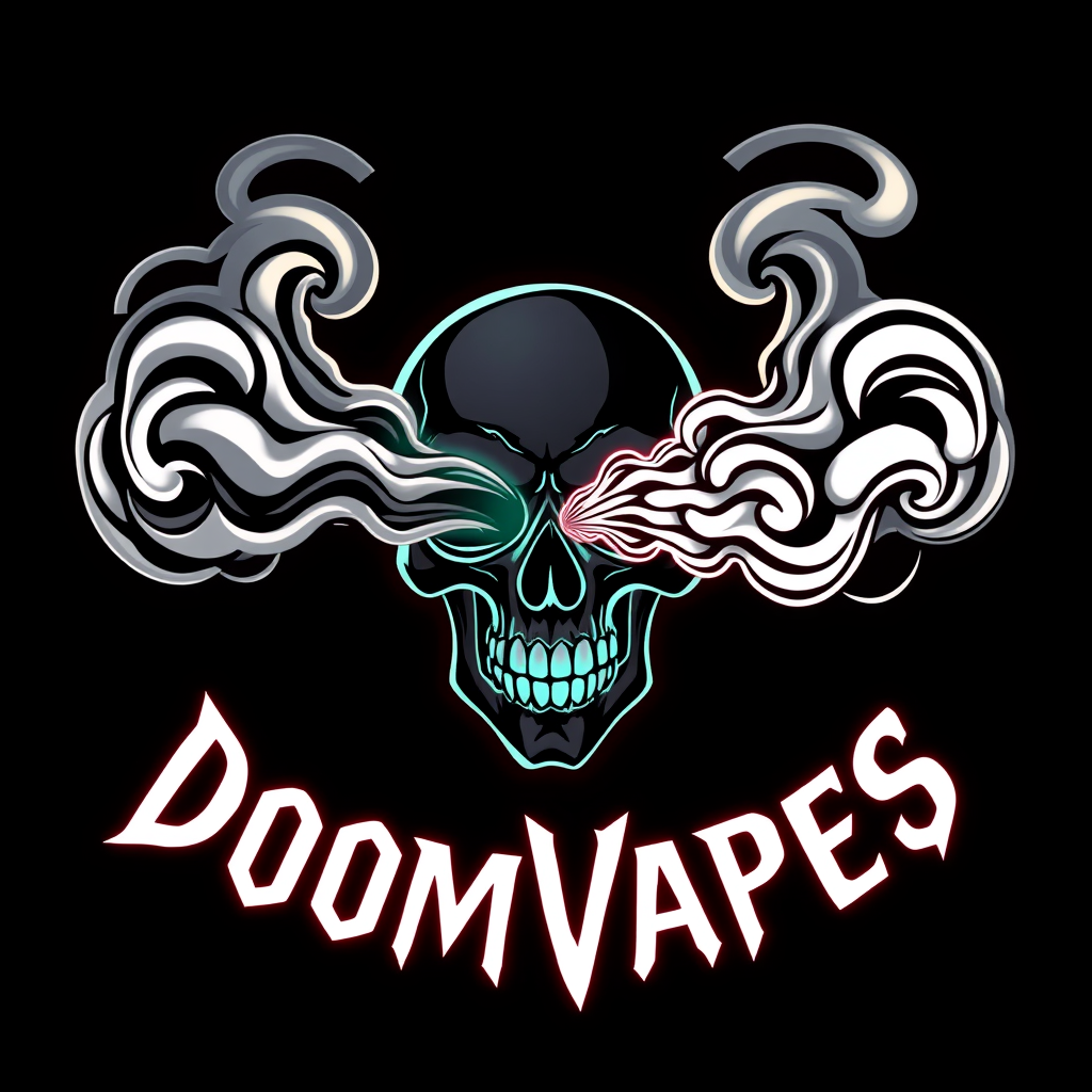 Logo for DoomVapes, a vape company, featuring a stylized skull exhaling intricate vapor clouds. Dark, gothic aesthetics with neon accents.