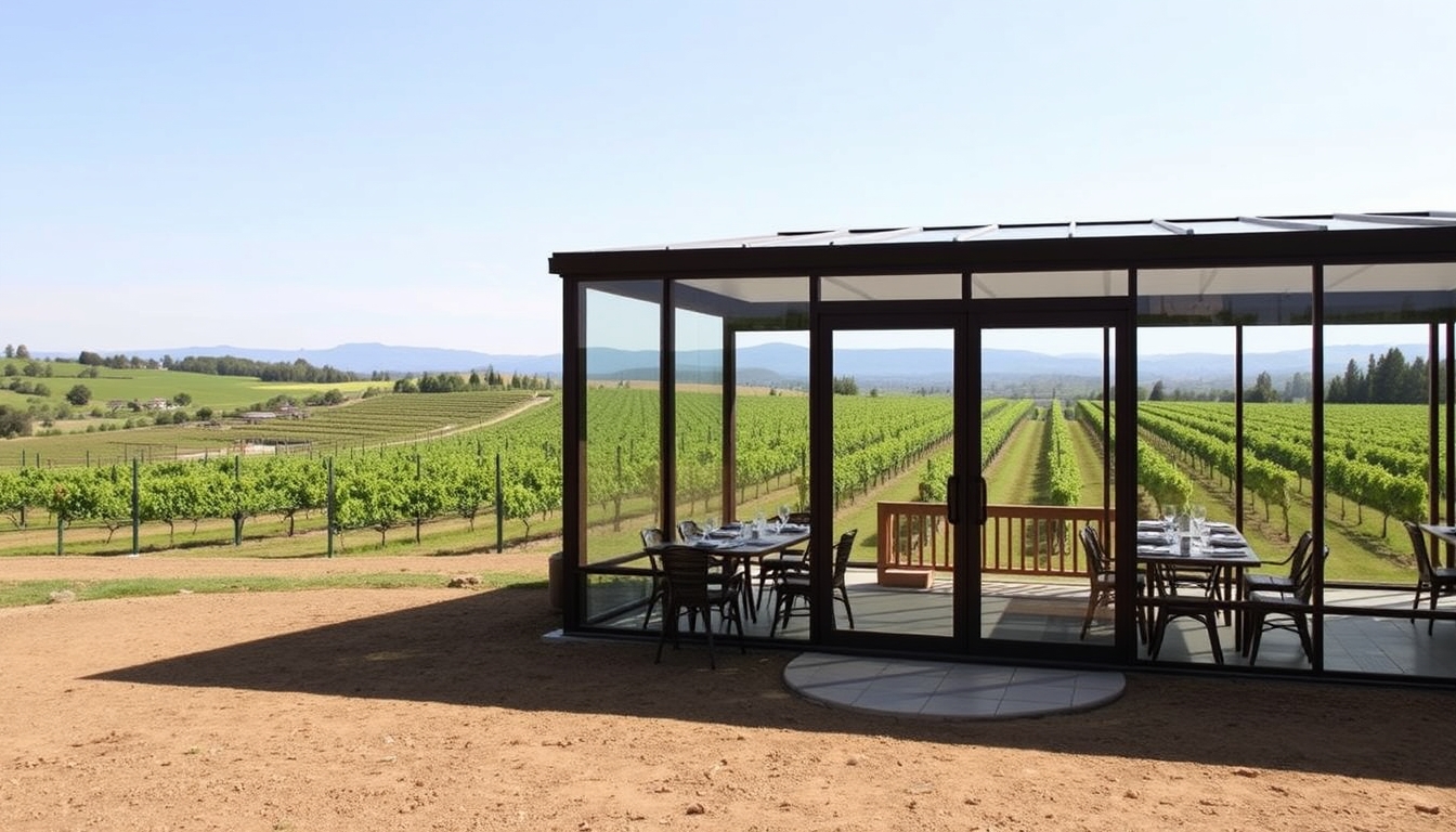 A picturesque vineyard with a glass-walled tasting room overlooking the grapevines. - Image