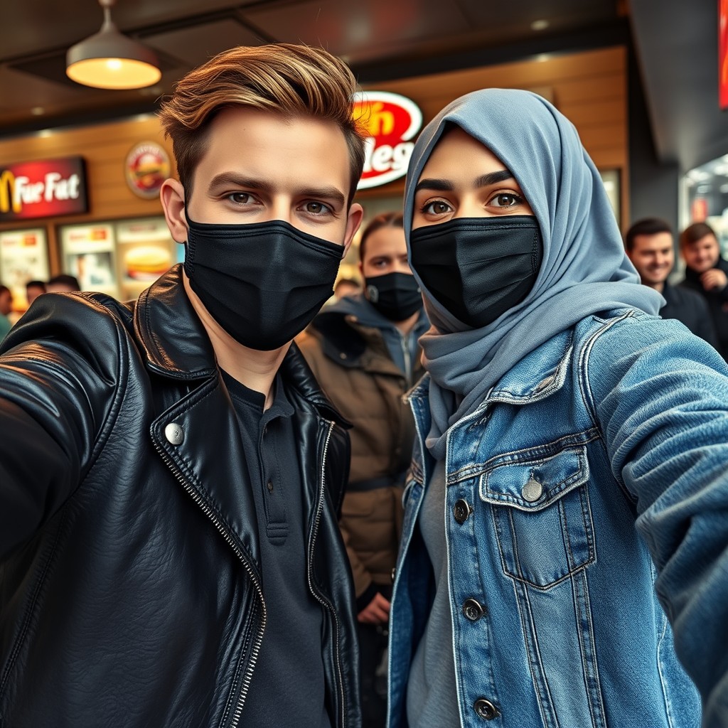 Jamie Dornan's head and body shot, handsome, young, black face mask, blue denim jacket, jeans, dating love with a Muslim girl in a grey hijab, beautiful eyes, black face mask, black leather jacket, the biggest floral skirt, at a fast food restaurant, with three other friends smiling in the background, photorealistic, hyper-realistic, street photography, selfie.