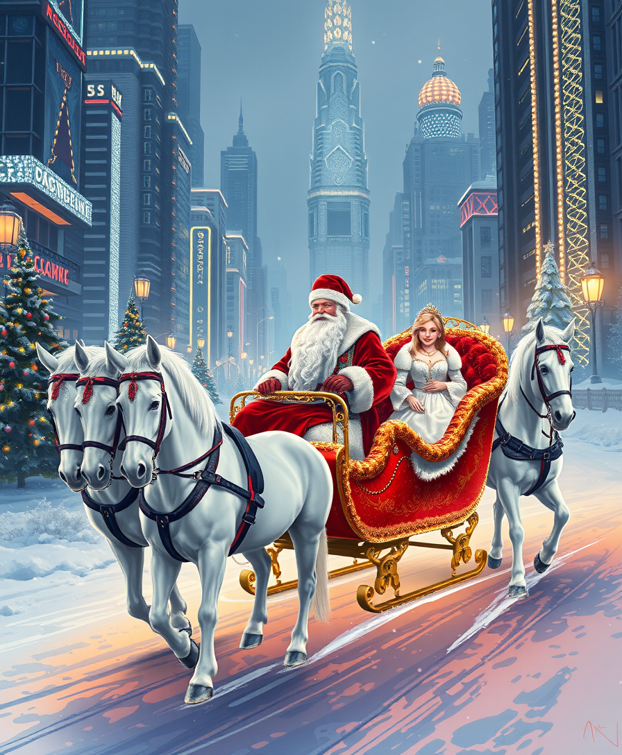 "Russian Grandfather Frost rides in a festive sleigh with the charming Snow Maiden, pulled by three white horses through a futuristic city decorated with Christmas lights."