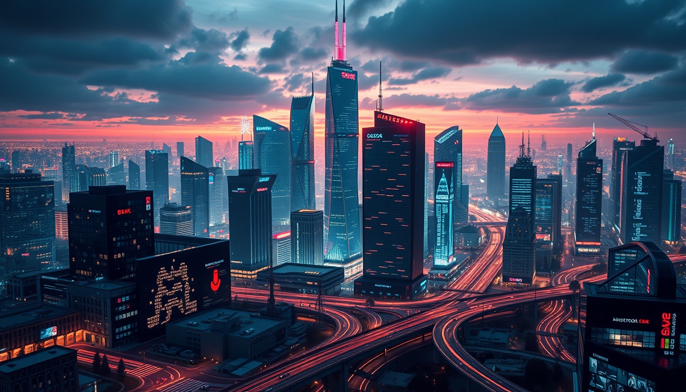 Futuristic Urban Landscape of Business Icons and Graphs in High Contrast Visuals