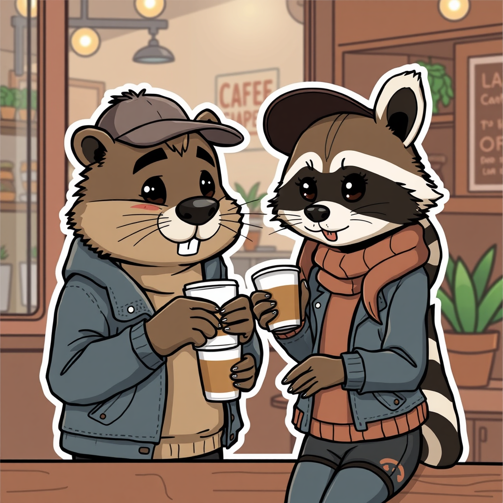 Cartoon guy beaver and girl raccoon, dressed in human clothes, drinking coffee in a coffee shop. sticker style. - Image