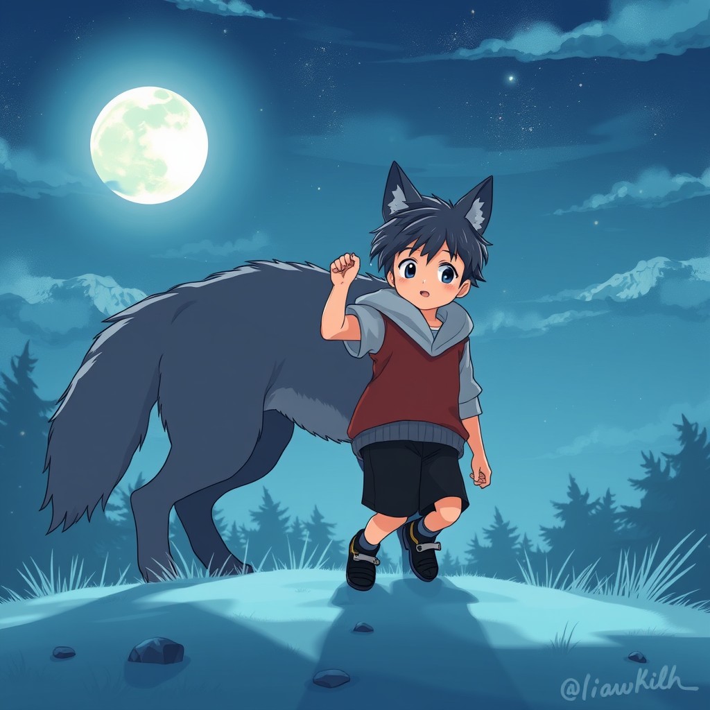 Kid becoming a wolf in the full moon in an anime style.