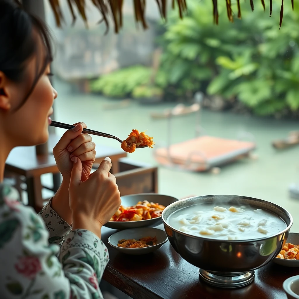 Breakfast Time Woman at island restaurant, savoring fresh seafood, steaming hot porridge, authentic island breakfast, taste buds leading the journey, photorealistic style. - Image