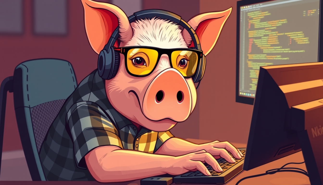 A tech-savvy porcine coder, donning yellow-tinted glasses and sleek noise-cancelling headphones, hunches over a cutting-edge multi-monitor setup. The anthropomorphic pig exudes focus, typing furiously. Wearing a plaid t-shirt. - Image