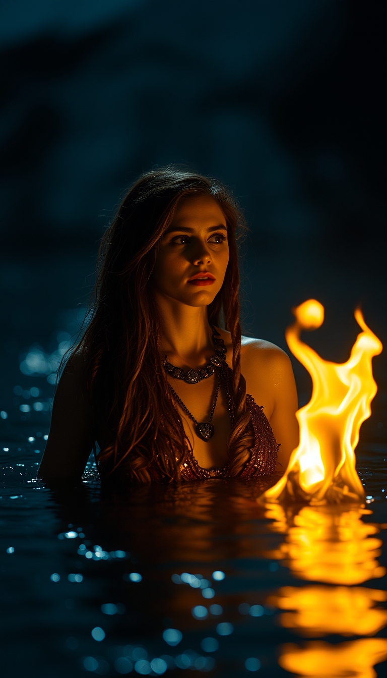 A goddess emerges from a lake at night in the firelight, close-up.