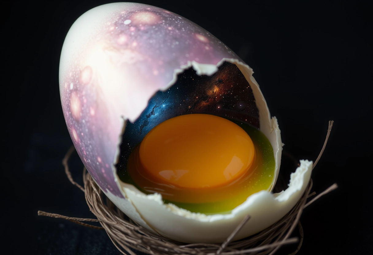 An egg with a cosmic scene within, mixing space imagery and the yolk, nestled on a dark surface. - Image