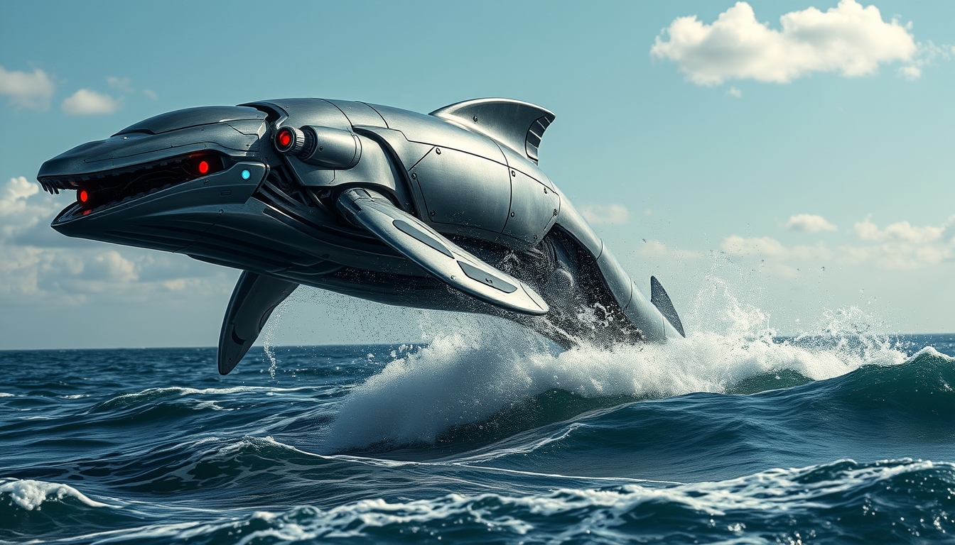 A cybernetic whale leaping dramatically above the ocean waves. The whale's body, an impressive fusion of organic and mechanical elements, gleams with sleek metal plating and intricate circuits and red LED lamps. Its skin features panels and glowing blue lines, hinting at advanced technology integrated into its form. Water sprays off its metallic surface as it breaches, reflecting the sunlight and adding a dynamic sparkle to the scene. Below, the ocean waves churn and splash, contrasting with the whale's futuristic design. The background showcases a clear sky with a few scattered clouds, further emphasizing the grandeur of this extraordinary moment where nature meets technology.