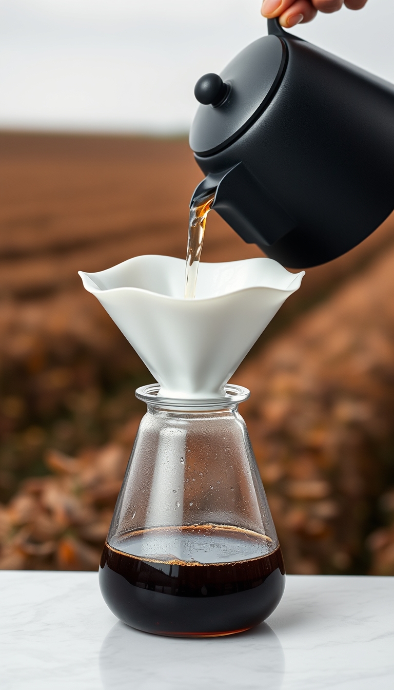 A black kettle pouring into a white dripper over a glass carafe, coffee field background, minimalist design.