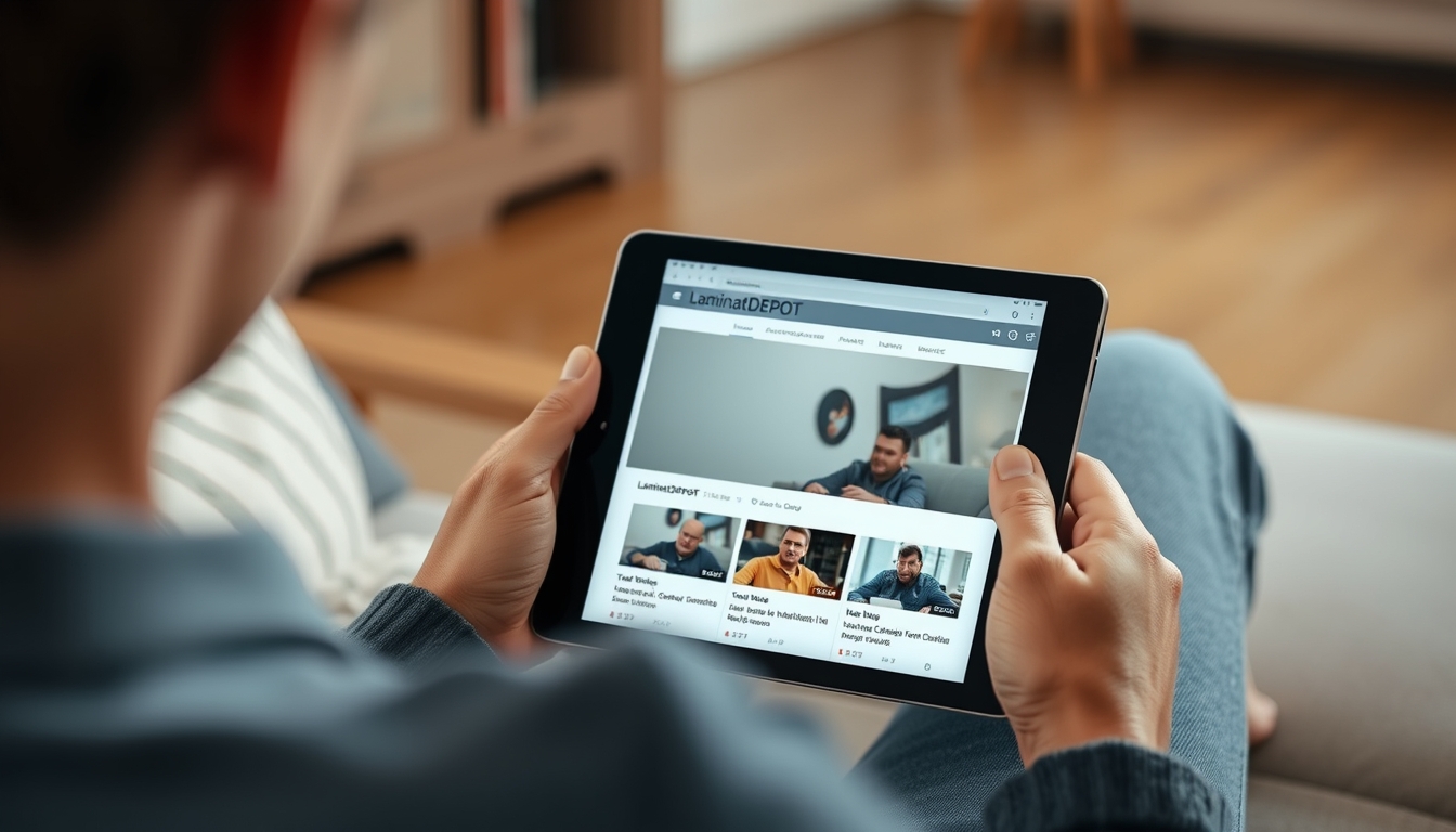 A person is sitting on the couch with a tablet in hand, watching LaminatDEPOT videos. A view over the shoulder.