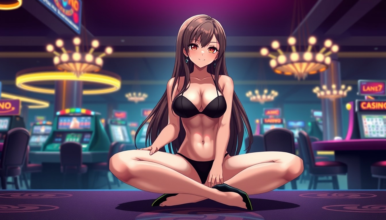 Anime style, a beautiful long-haired brunette girl wearing a black bikini sitting cross-legged in high heels at a casino.