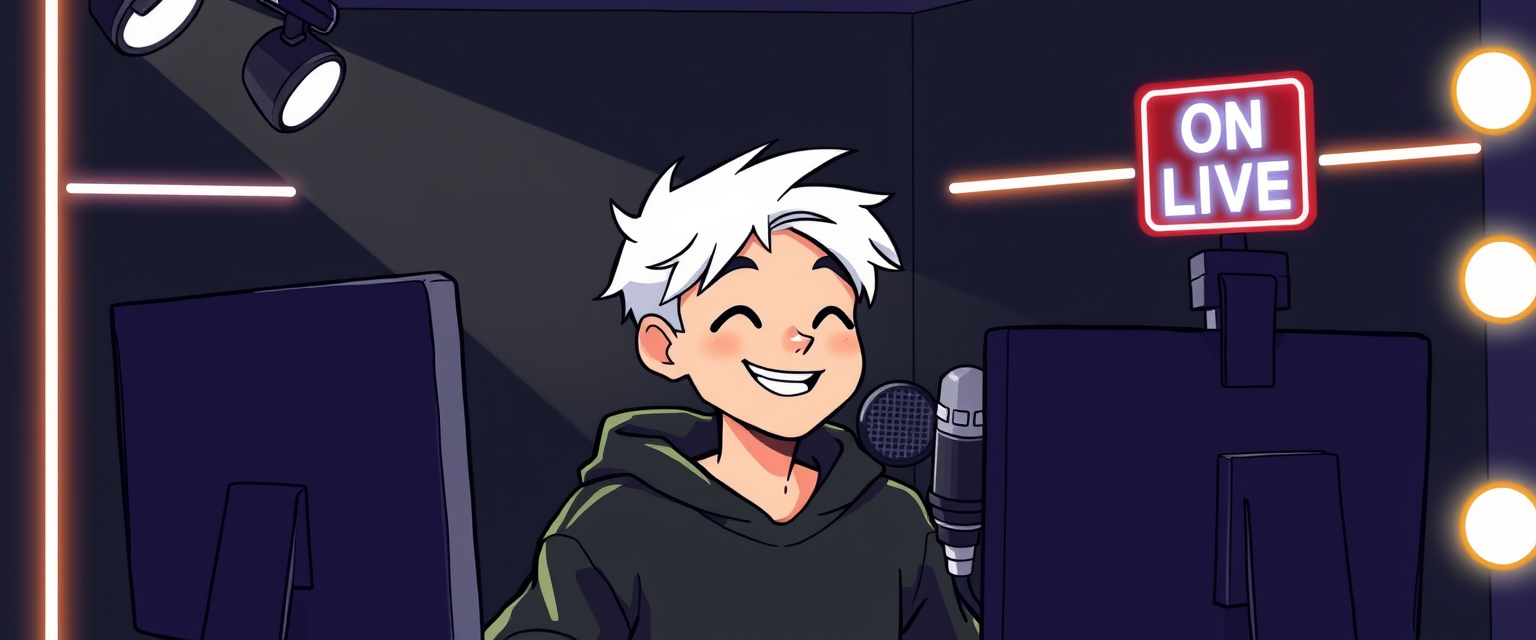 Image in the style of a drawing of a boy with white hair, smiling in a black sweatshirt in a gamer setup with spotlights in front, looking at 2 monitors with black screens in a black room with few white neon lights and a small white sign that says ON LIVE at the top right, with a podcast-style microphone and a camera on top of a monitor to his right.