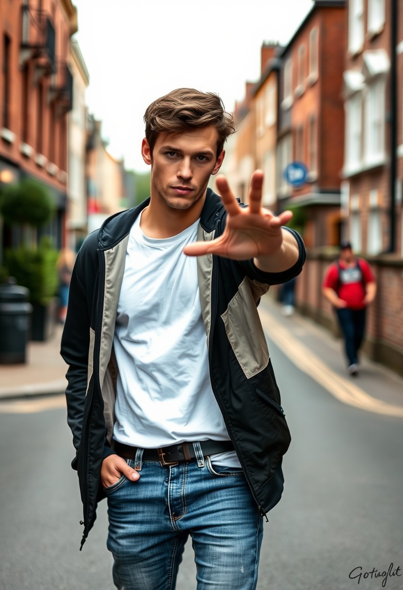 Jamie Dornan head and body shot, handsome, young, serious face, dark brown hair, white T-shirt, collage jacket, skinny jeans, sneakers, standing hot style, flirting face, reaching hand, near town road, hyper realistic, street photography, brick wall, full body photo. - Image