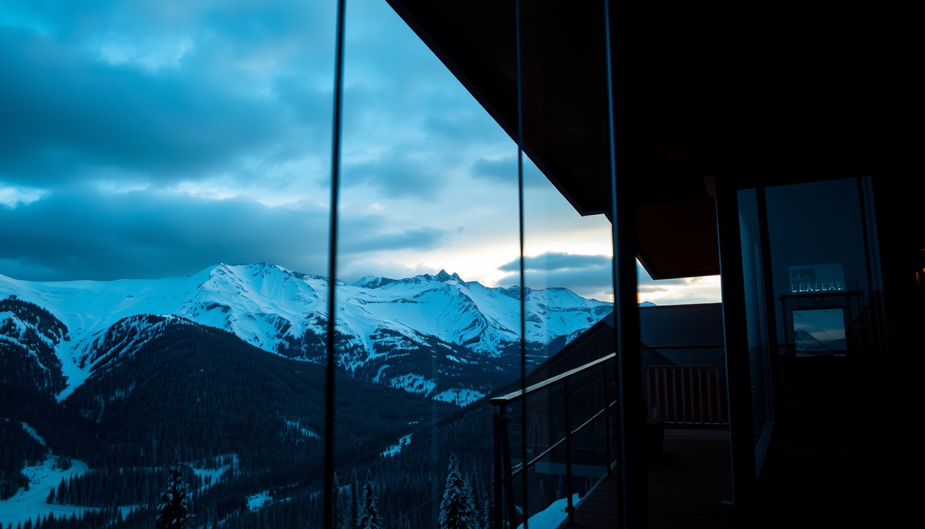 A dramatic mountain landscape viewed through the glass walls of a ski lodge. - Image