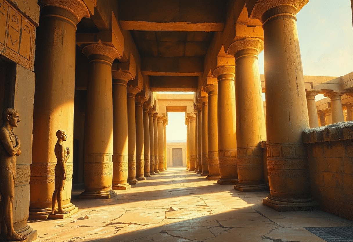 An old oil painting of an Egyptian temple. Inside. Window of the temple. Sunlight. View from the side. - Image