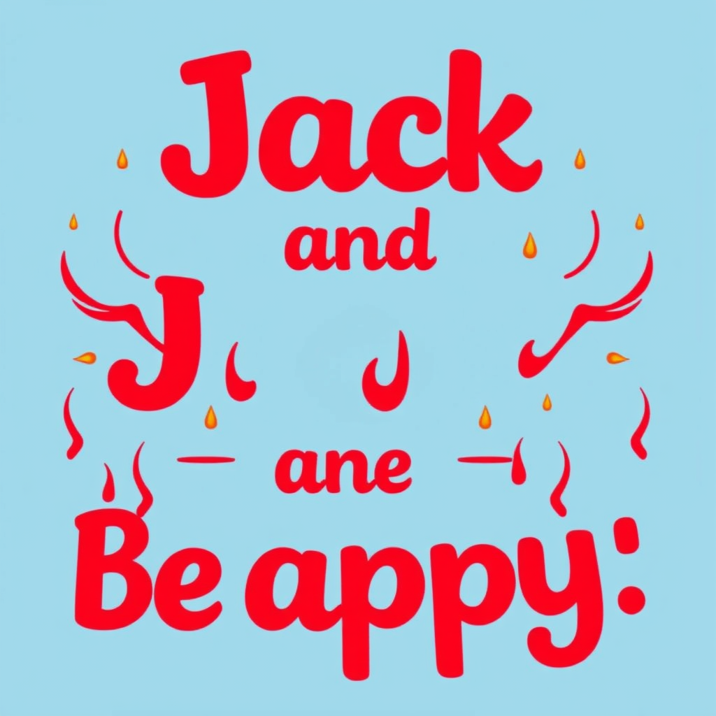 A tee shirt design of happy, vibrant, and deep red colors, with light blue and burning embers as beautiful contrasts with the text: "Jack and Be Happy".