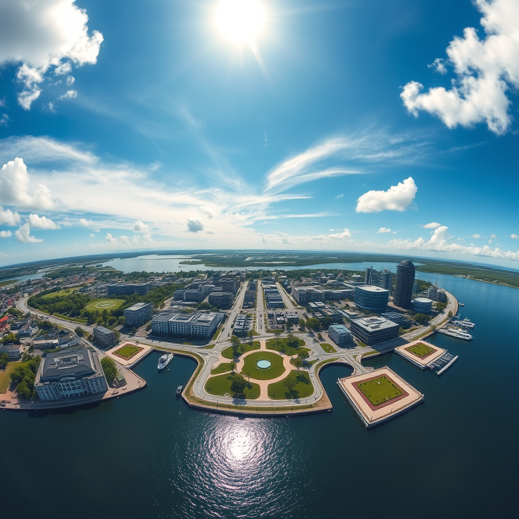 A futuristic biocity that is located in the former site of Portsmouth, New Hampshire. It has a mix of old and new buildings, green spaces, and water features. It also has six large artificial floating islands off of its coastline, (zenithal angle), ((by Iwan Baan)), coastal city, blue sky and white clouds, the sun is shining brightly, ultra-wide angle.