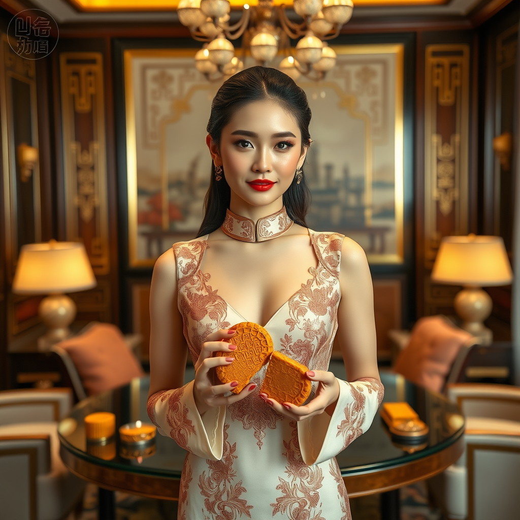 In a luxurious presidential suite, a Chinese model elegantly showcases mooncakes, the traditional delicacies, against a backdrop of opulence, her poised demeanor and the rich cultural heritage of the pastries perfectly captured for a promotional campaign that entices buyers with a blend of modern allure and ancient charm.