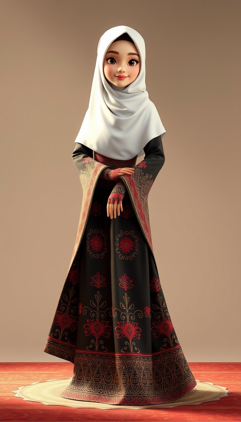 Create a 3D, 8K animated cartoon of a Muslim woman from Palembang wearing a long traditional songket dress. She should have her hands covered with batik gloves. The image should capture the elegance and cultural richness of the attire.