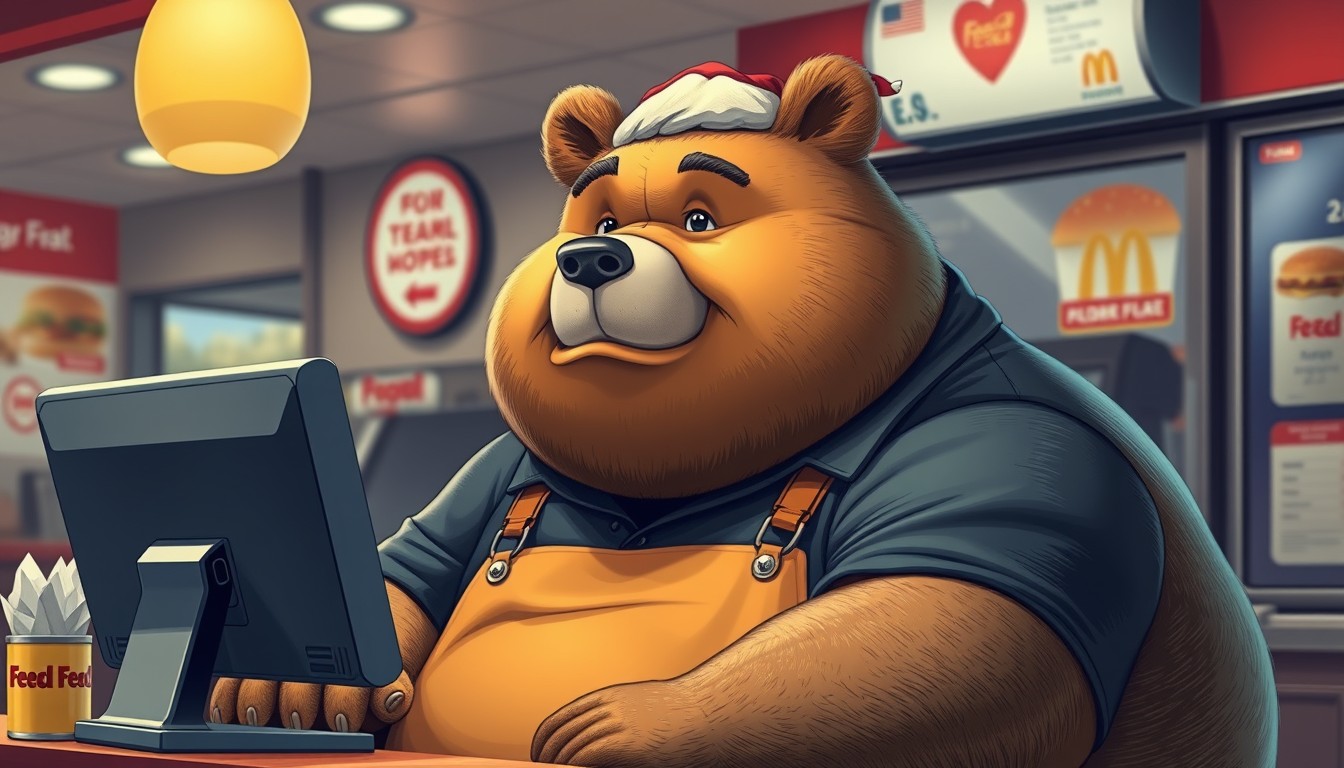 Fat Anthropomorphic Bear working at a fast food restaurant