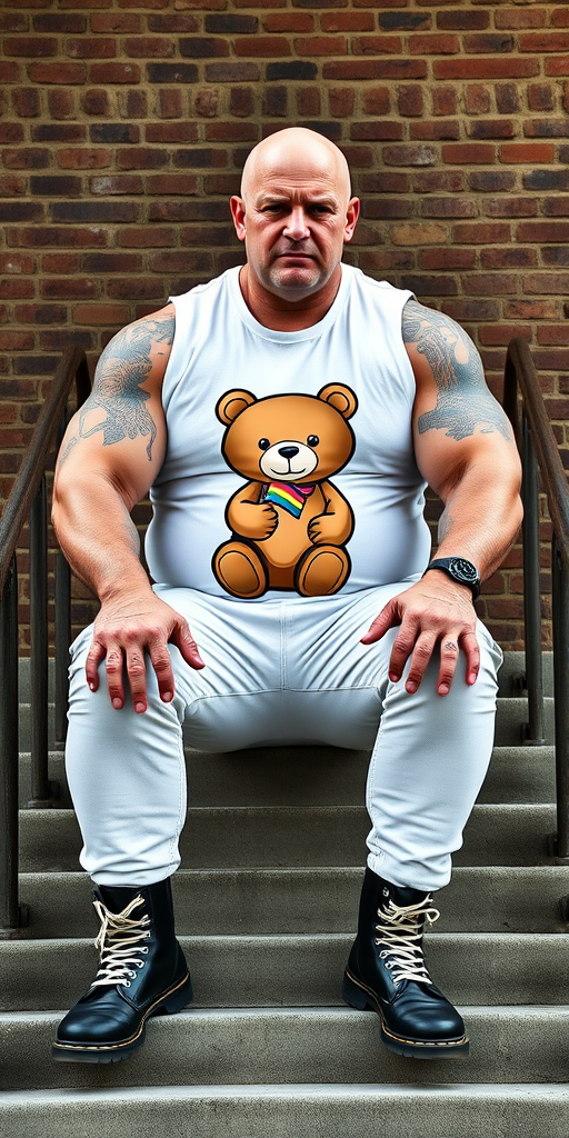 A towering, muscular 60-year-old skinhead sits confidently on concrete stairs, his gleaming bald head contrasting with his light skin. Clad in a striking white graphic t-shirt with a logo of a teddy bear holding a gay flag, tattooed arms flex beneath the sleeveless fabric. Tight bleached denim trousers highlight his powerful legs, complemented by knee-high Dr. Martens boots with white laces. The rugged brick wall and metal handrails create an industrial backdrop, enhancing the imposing presence of this behemoth.