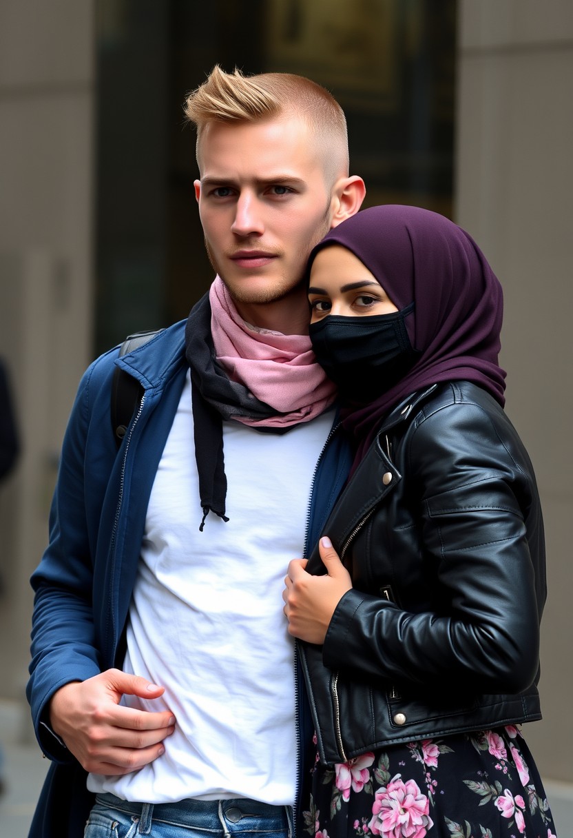 Jamie Dornan's face, hair and body shot, handsome, young, shaved, white T-shirt, blue jacket, jeans, dating love with biggest soft pink hijab, black leather jacket, black face mask, biggest floral skirt, hyper realistic, street photography.