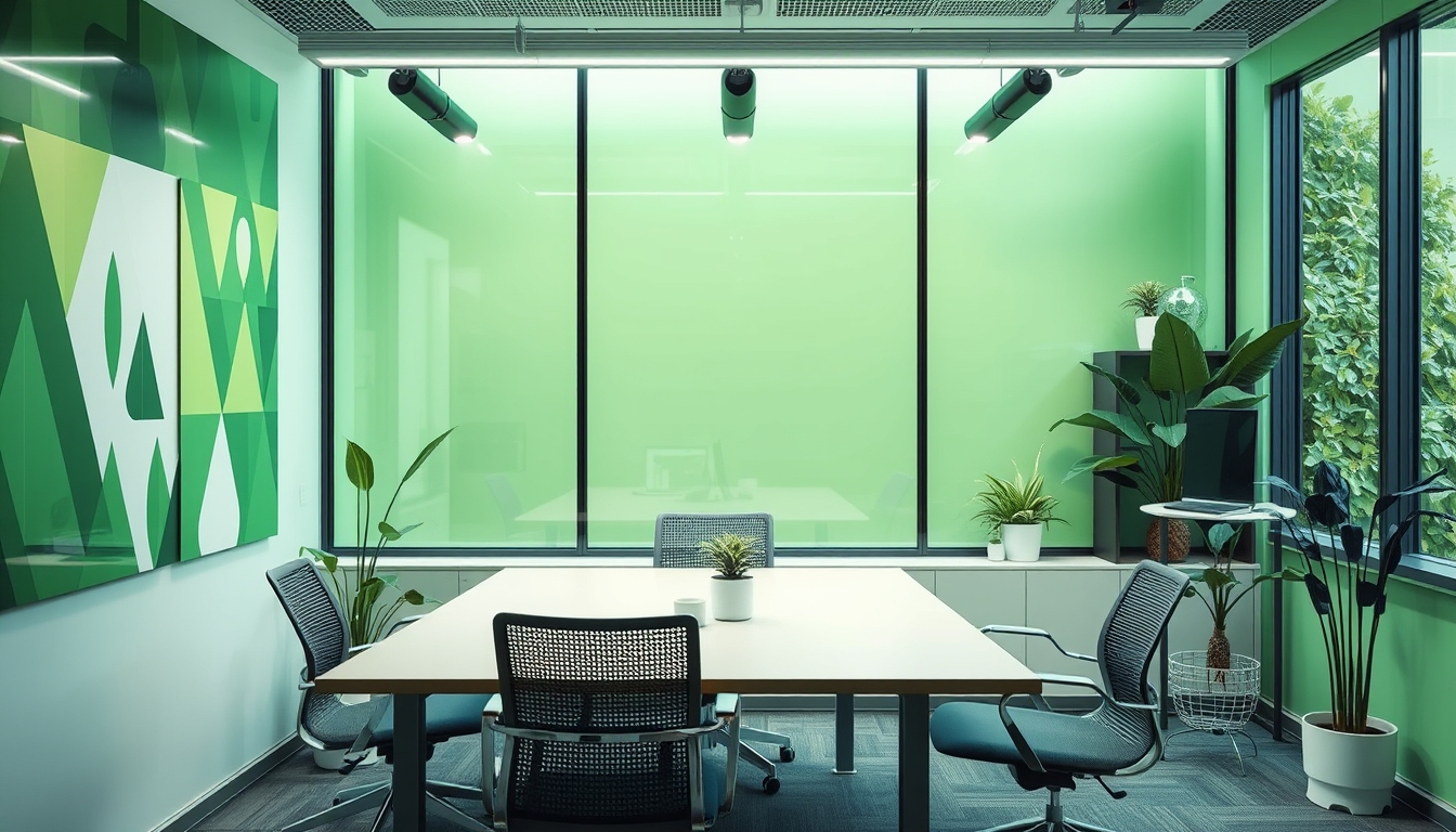 Green tech startup office with eco-friendly design, representing sustainable business.