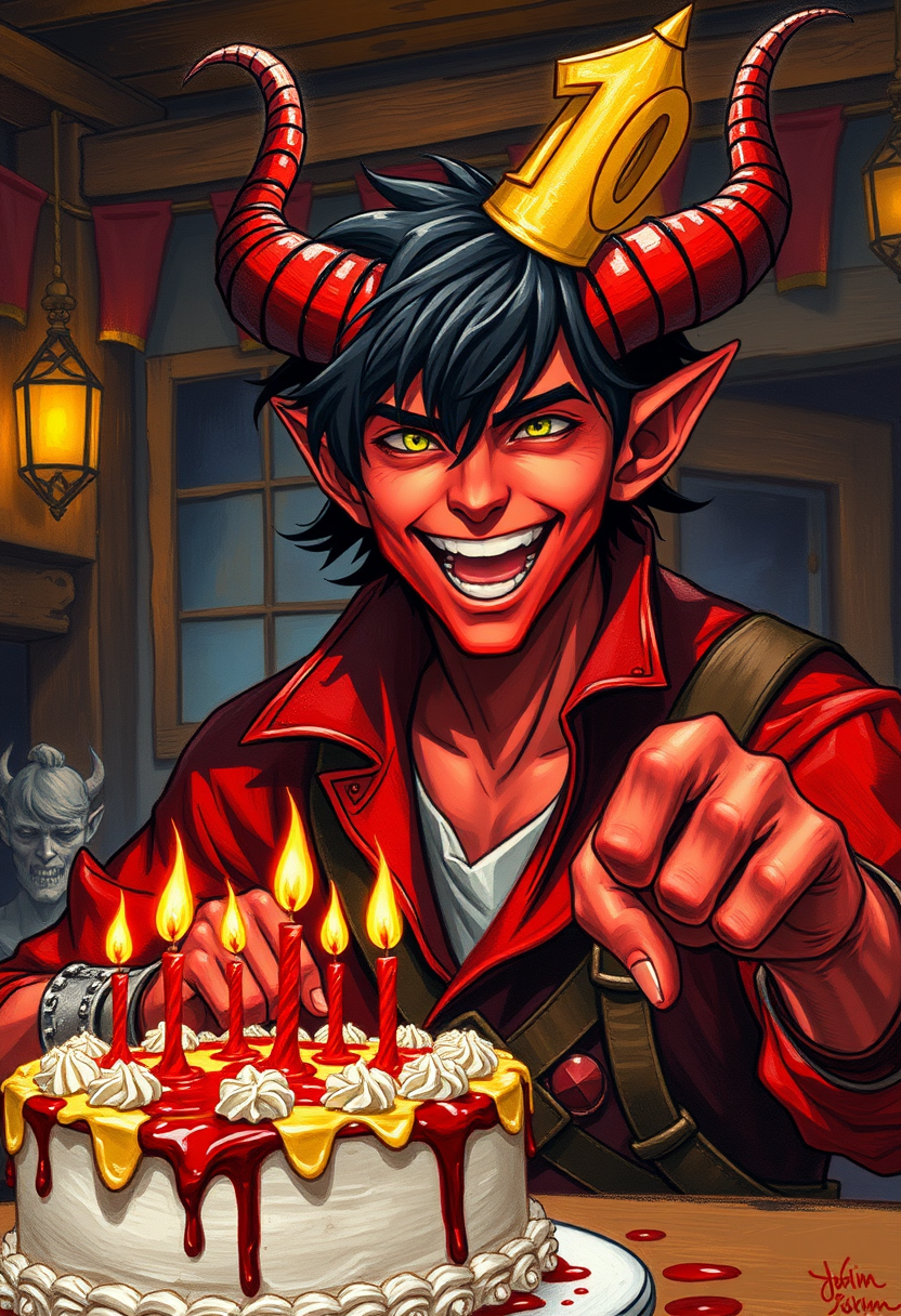 Fantasy hero, male tiefling, 20 years old, red skin color, horns, black hair, laughing, birthday cake in front of him, wearing a red jacket, fantasy adventurer's clothes, in a tavern, young face, yellow eyes, birthday cap on his head, detailed clothing, color blocks and dramatic lines to create a strong visual impact, vixip, far view team shot, by Yoshiyuki Sadamoto, Yoko Taro, oil painting. Blood, fight, attack, fire, punch, fist. Hand drawing illustration, highly detailed. Perfect composition. By sum. - Image