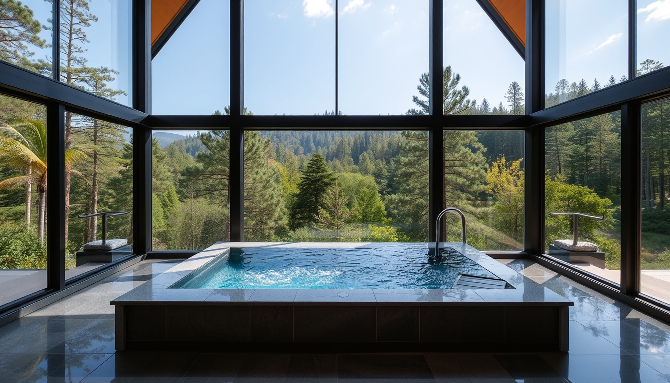 A luxurious spa with glass walls, overlooking a serene forest landscape. - Image