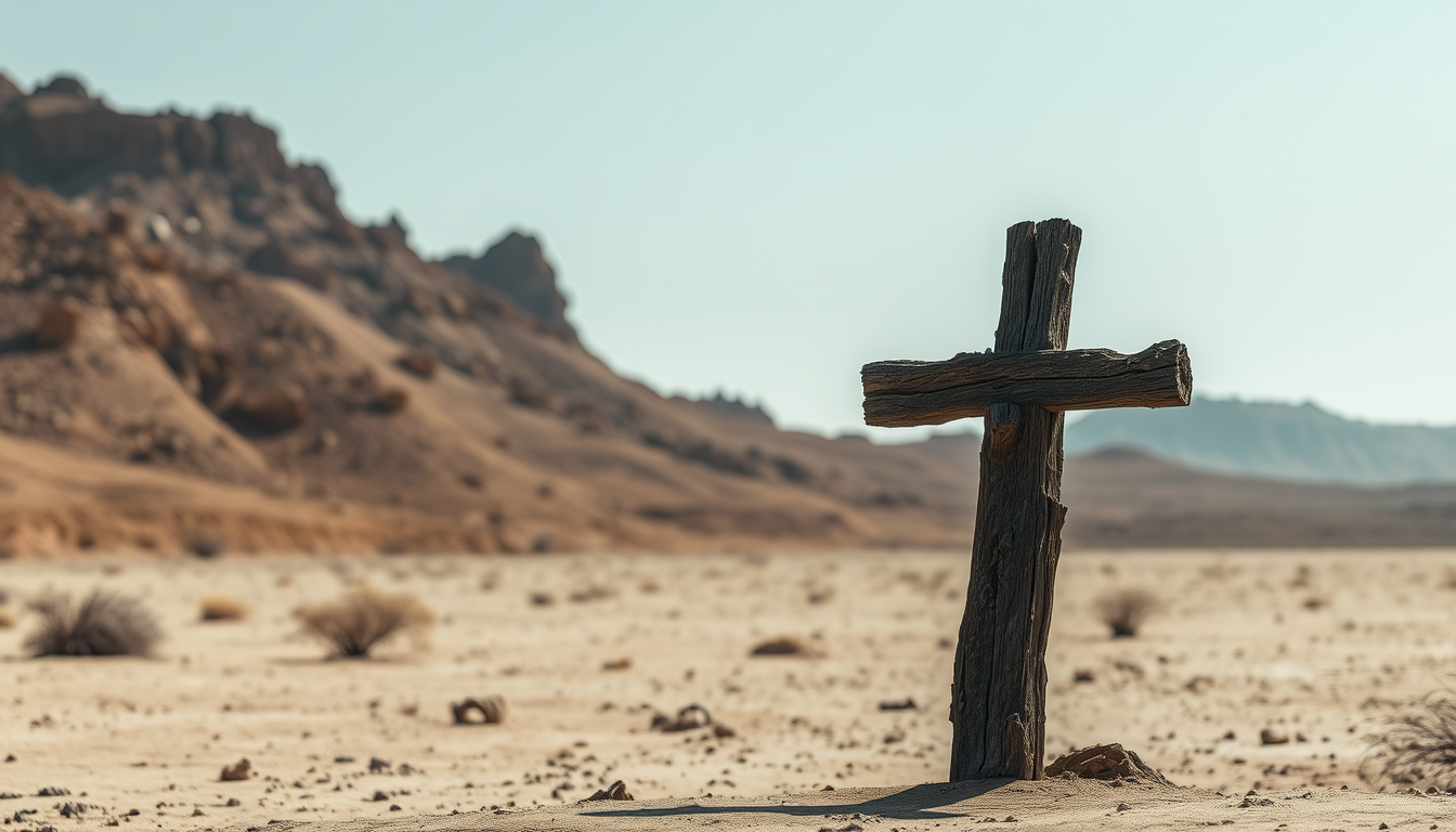 An old wooden cross in the middle of a barren desert. The cross is standing upright on the right side of the image. The cross is made of badly crumbling dark wood and appears to be old and weathered, with visible damage from wet and dry rot. The overall scene is desolate.