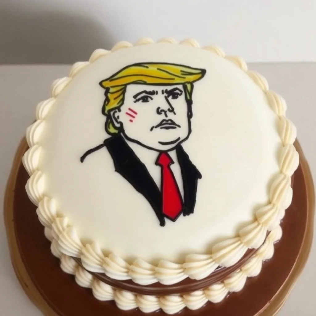 "A chocolate cake with a drawing of Trump on top." - Image