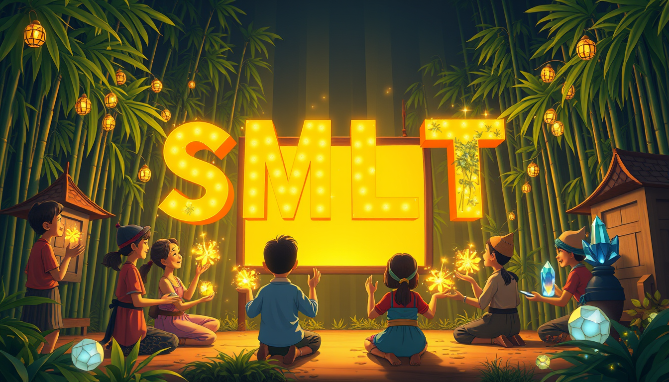 Cartoon style: Vietnamese villagers from various walks of life gather in a clearing surrounded by bamboo groves, facing a glowing screen. Firefly-like lights dance from their palms, converging to form a shimmering "SMLYT" above their heads. The letters are depicted in a bold, cartoon 3D style with exaggerated proportions and vibrant colors. Each letter appears to be made of a different material - metal, wood, crystal, and living plants - with animated textures that continuously shift and change. - Image