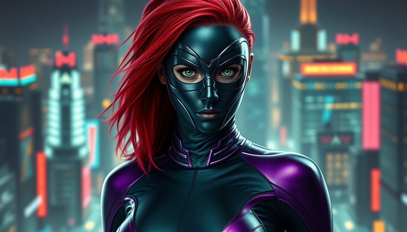 I used Flux AI Image Generator to create this image of a woman with red hair and green eyes wearing a black metallic mask. She's wearing a skintight black and purple spandex suit. The suit has a high collar and long sleeves. She's standing perfectly straight. The background is a futuristic city. I love this image; it's like something out of a fantasy movie.